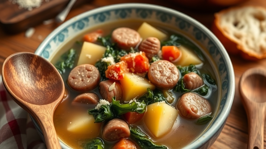 Hearty Sausage and Kale Soup Recipe A comforting bowl of sausage kale soup with sausage, kale, potatoes, and Parmesan, set in a cozy kitchen.